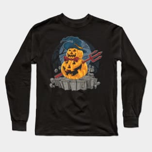 Pumpkin Trident Man - Scary Jack O Lantern Halloween Cartoon Art Long Sleeve T-Shirt